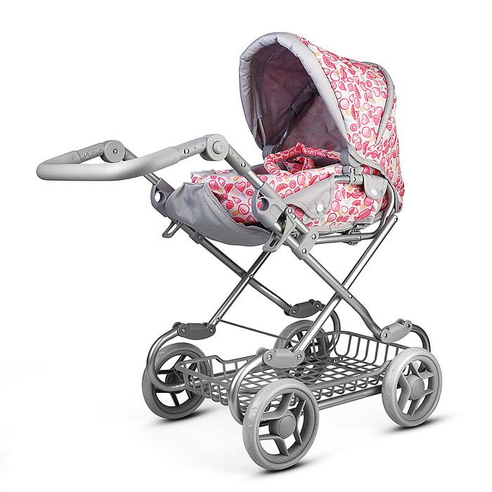 Коляская кукольная 9346W металлическая, с корзиной, принт сладости