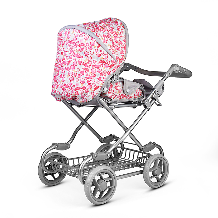 Коляская кукольная 9346W металлическая, с корзиной, принт сладости