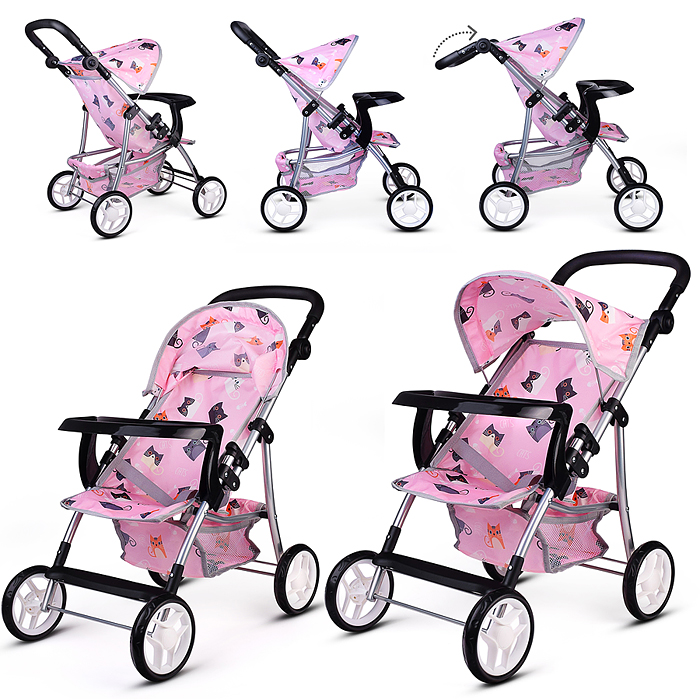 Коляская кукольная 9366-T трость, металлическая, с корзиной, столиком и козырьком