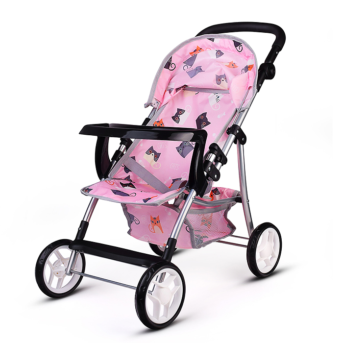 Коляская кукольная 9366-T трость, металлическая, с корзиной, столиком и козырьком