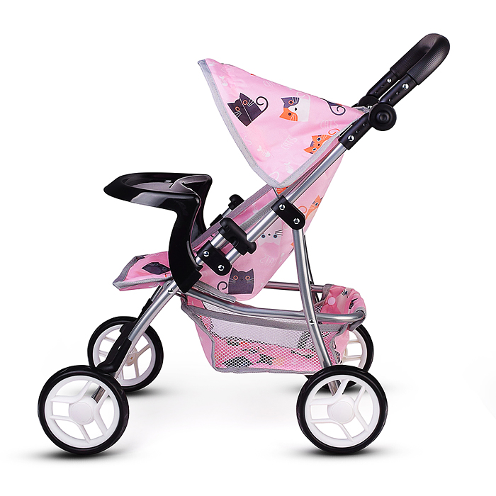 Коляская кукольная 9366-T трость, металлическая, с корзиной, столиком и козырьком