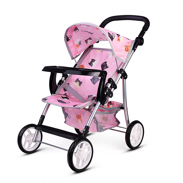 Коляская кукольная 9366-T трость, металлическая, с корзиной, столиком и козырьком