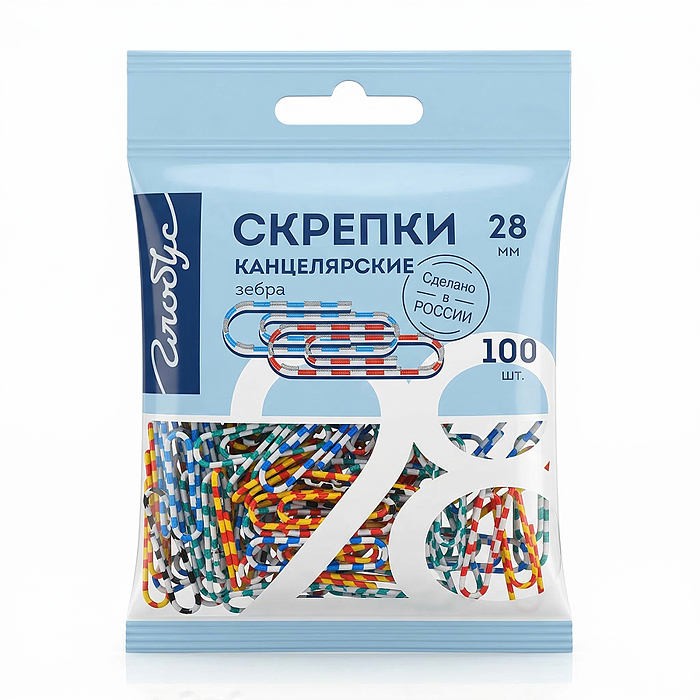 Скрепки L28 мм 100 шт., пакет с европодвесом, зебра Скрепки L28 мм 100 шт., пакет с европодвесом, зебра