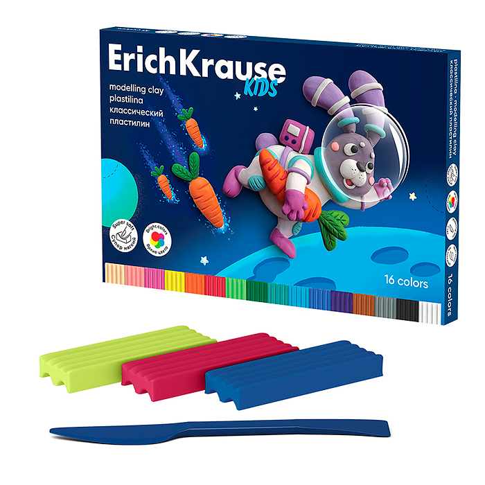 Пластилин классический Kids Space Animals 16 цветов со стеком, 288 г Пластилин классический Kids Space Animals 16 цветов со стеком, 288 г