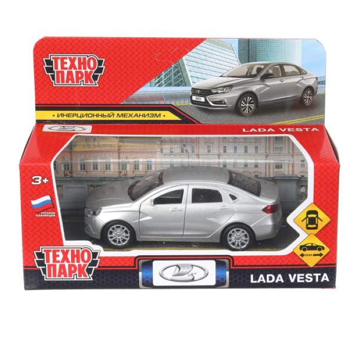 Машина металл LADA vesta 11,5 см, двери, серый, коробка