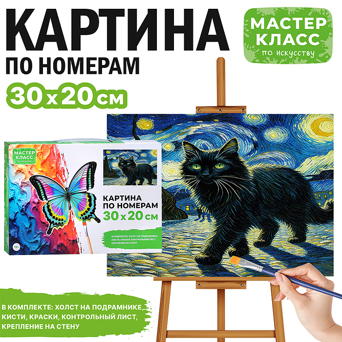 Картина по номерам MKR3020-108 "Кот звездной ночью" 30*20 см. 