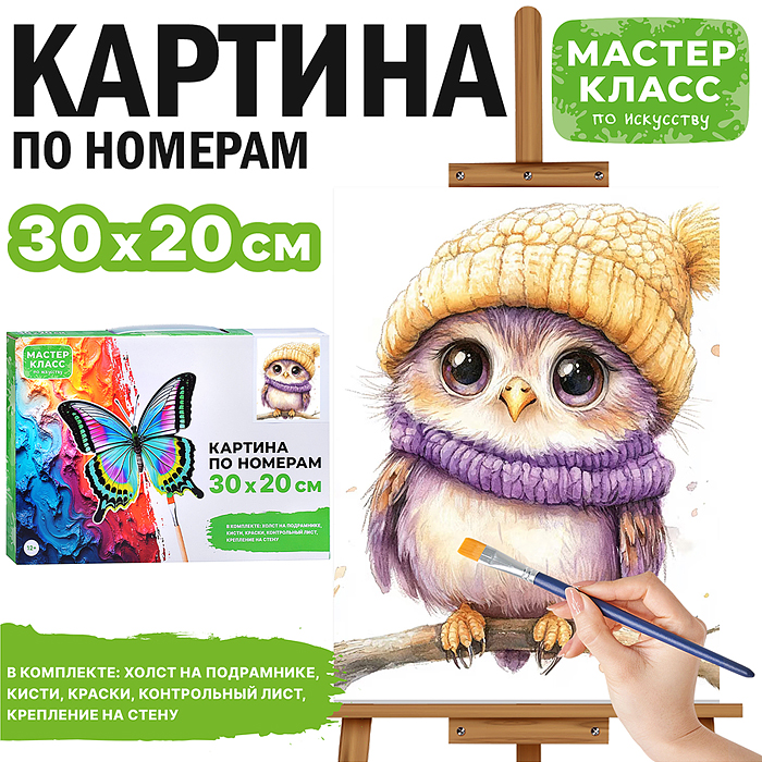 Картина по номерам MKR3020-64 "Сова в шарфе и шапке" 30*20 см. 
