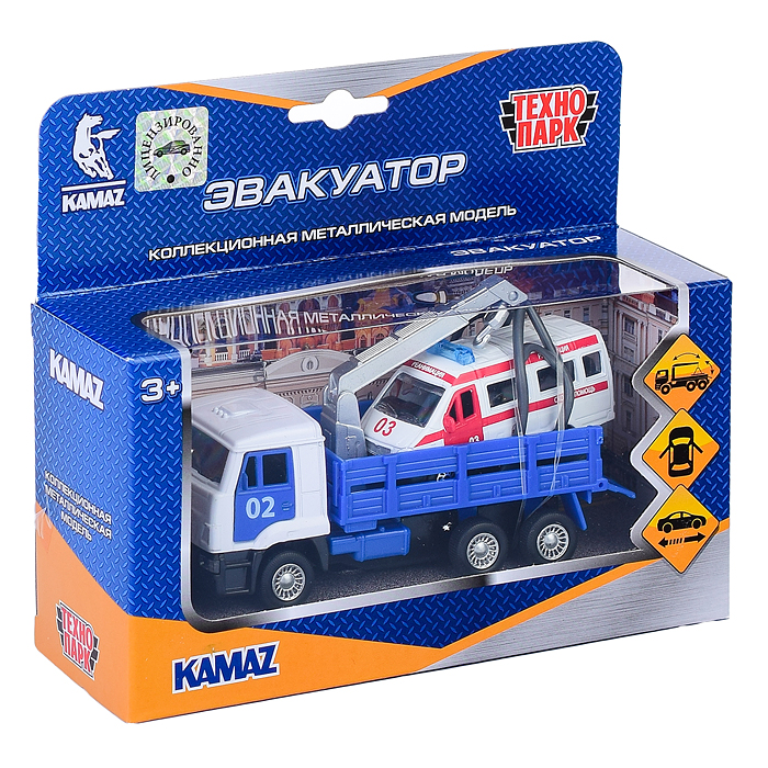 Машина металл KAMAZ Эвакуатор, 12 см, дв., подв.дет., инерц.+скорая 7,5 см.