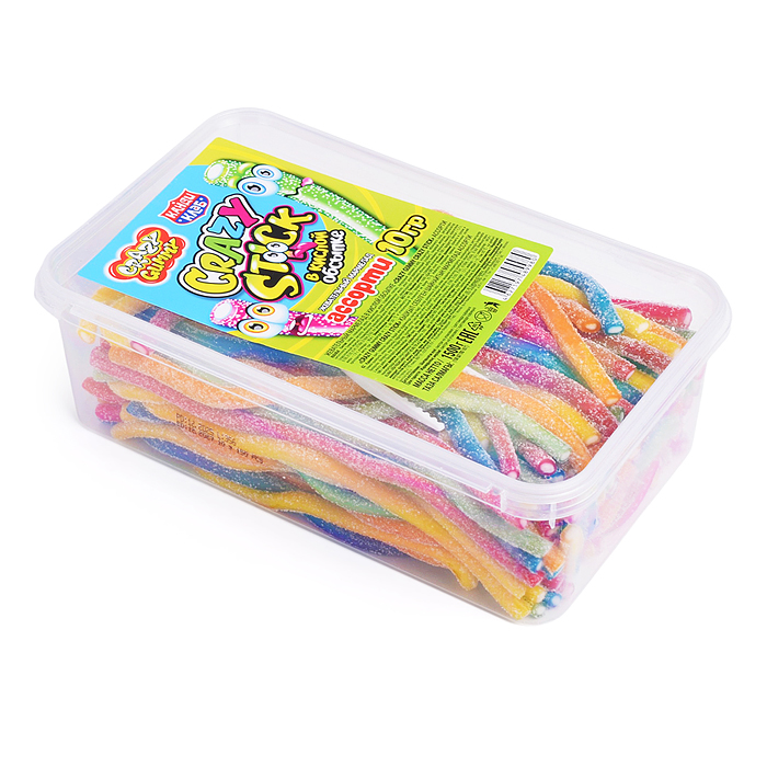 Фото к товару Жевательный мармелад в кислой обсыпке "Crazy gummy crazy stick" ассорти 10гр*150шт Жевательный мармелад в кислой обсыпке "Crazy gummy crazy stick" ассорти 10гр*150шт