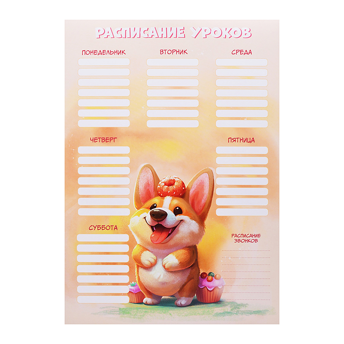 Расписание уроков А4, "Сладкий коржик" мелованный картон, полноцветная печать, выборочный УФ-лак