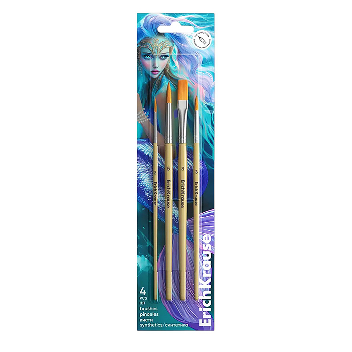 Кисти "Aquamarine" для акварели и гуаши, синтетика, 4 штуки (в блистере)