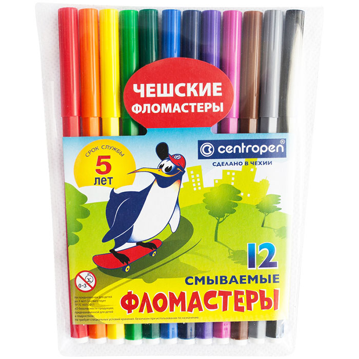 Фломастеры "Пингвины", 12цв., смываемые, ПВХ 