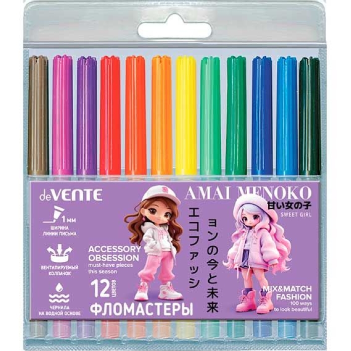 Фломастеры "Amai Menoko" 12 цветов с вентилируемым колпачком, в пластиковом блистере Фломастеры "Amai Menoko" 12 цветов с вентилируемым колпачком, в пластиковом блистере