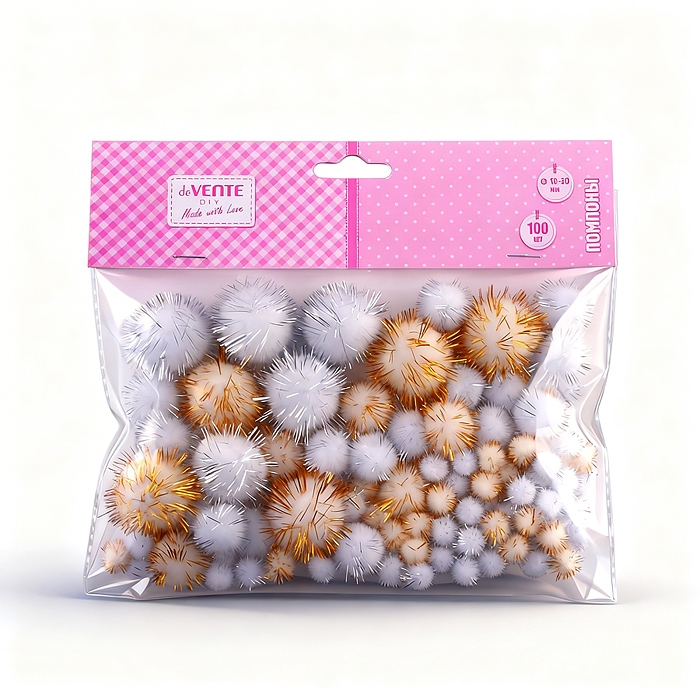 Набор помпонов для творчества "DIY Glitter Pompoms" 100 шт, блестящие, полиэстеровые (золот