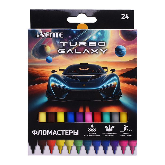 Фломастеры "Turbo Galaxy" 24 цвета с вентилируемым колпачком, в картонной коробке с подвесо Фломастеры "Turbo Galaxy" 24 цвета с вентилируемым колпачком, в картонной коробке с подвесо