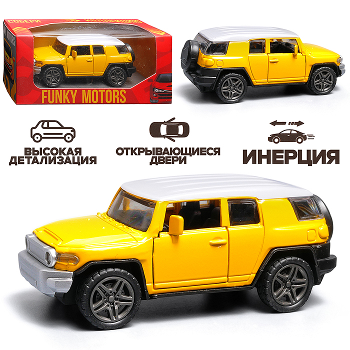 Жёлтая инерционная машинка с белой крышей die-cast , 1:32 Жёлтая инерционная машинка с белой крышей die-cast , 1:32
