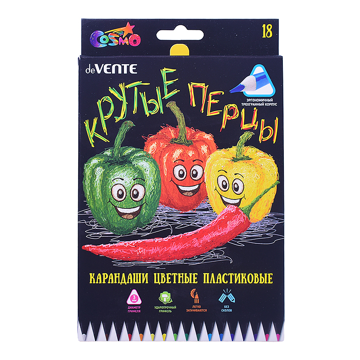 Фото к товару Карандаши цветные пластиковые 18 цв., "Juicy Black" 2М, диаметр грифеля 3 мм, трёхгранные. Карандаши цветные пластиковые 18 цв., "Juicy Black" 2М, диаметр грифеля 3 мм, трёхгранные.