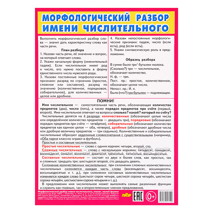 Плакат Морфологический разбор имени числительного