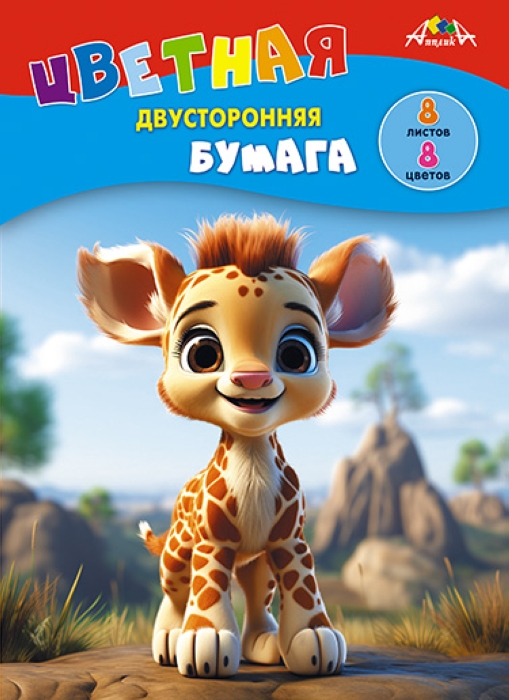 Бумага цветная двухсторонняя А4 8л. 8цв. "Жирафик" Бумага цветная двухсторонняя А4 8л. 8цв. "Жирафик"