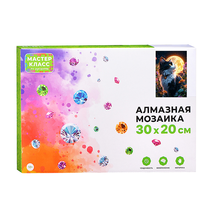 Мозаика алмазная MKA3020-216 "Черно-белый котик" (светится в темноте) 30*20 см.