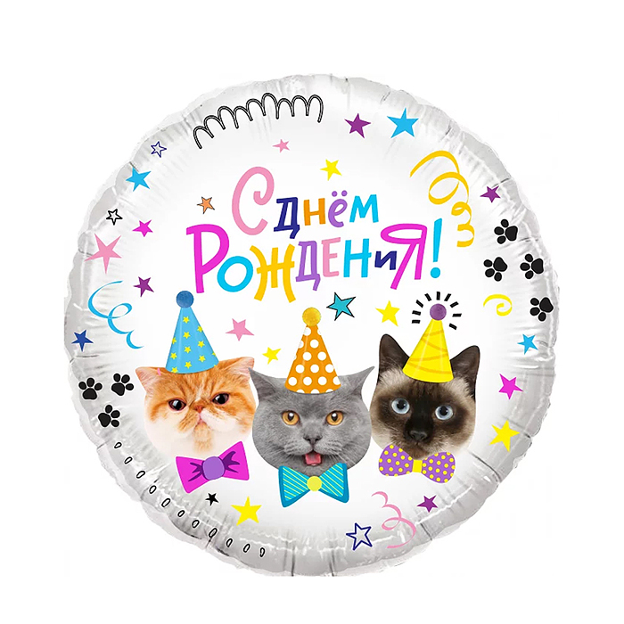 Шар (18''/46 см) Круг, Котики, С Днем Рождения!, 1 шт. в уп.
