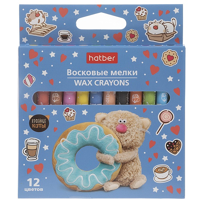 Мелки восковые 12цв. "Кофейные коты" круглый корпус диаметр 9мм в картонной коробке