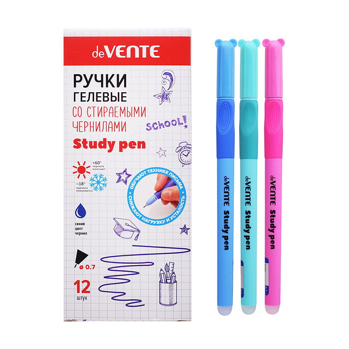 Ручка гелевая стираемая "Study Pen.School" d=0,7 мм, корпус ассорти 3 цвета с покрытием Velvet Touch