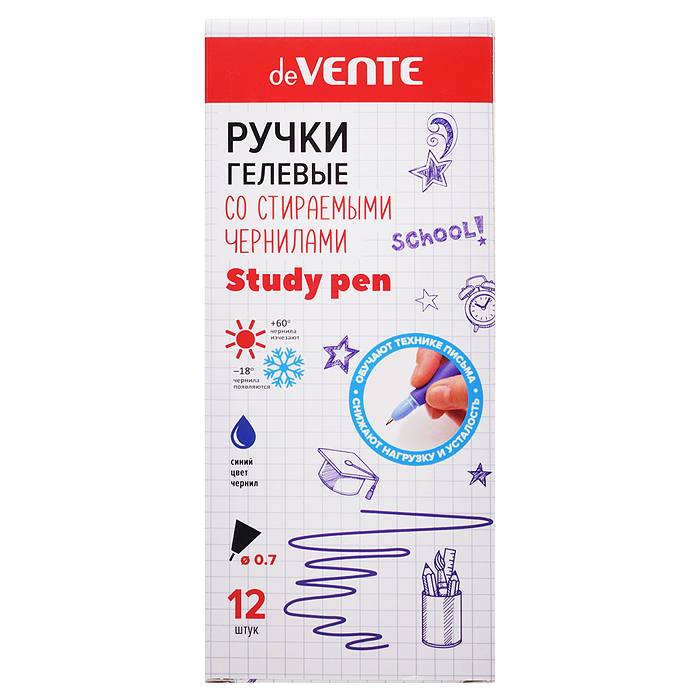 Ручка гелевая стираемая "Study Pen.School" d=0,7 мм, корпус ассорти 3 цвета с покрытием Velvet Touch