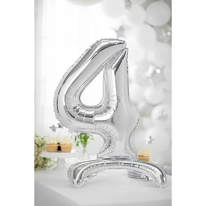 Шар (32''/81 см) Цифра на подставке, 4, Серебро, 1 шт. в уп.