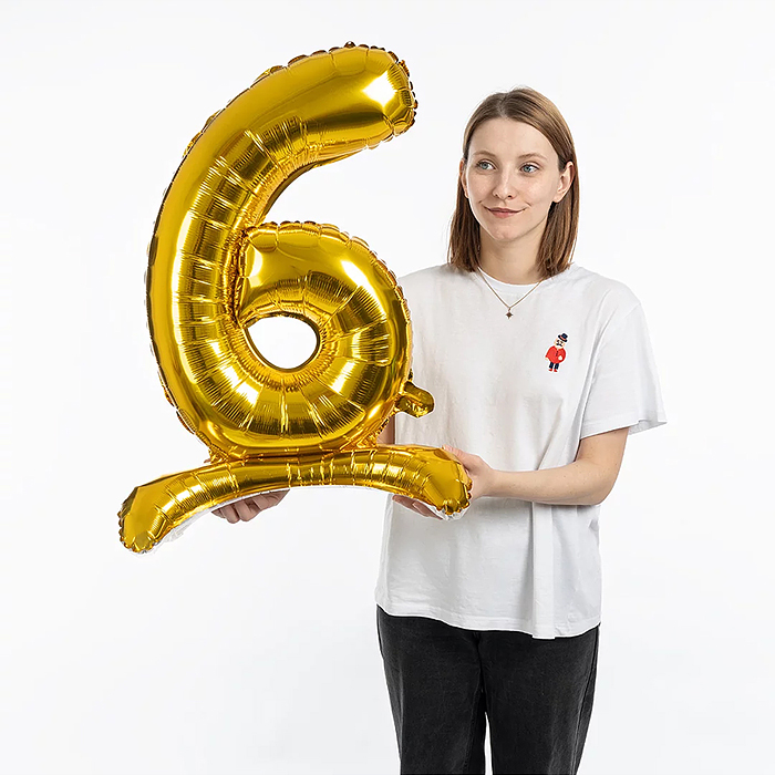 Шар (32''/81 см) Цифра на подставке, 6, Золото, 1 шт. в уп.