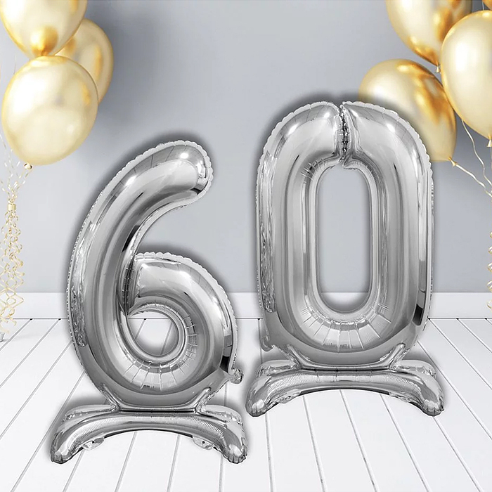 Шар (32''/81 см) Цифра на подставке, 6, Серебро, 1 шт. в уп.