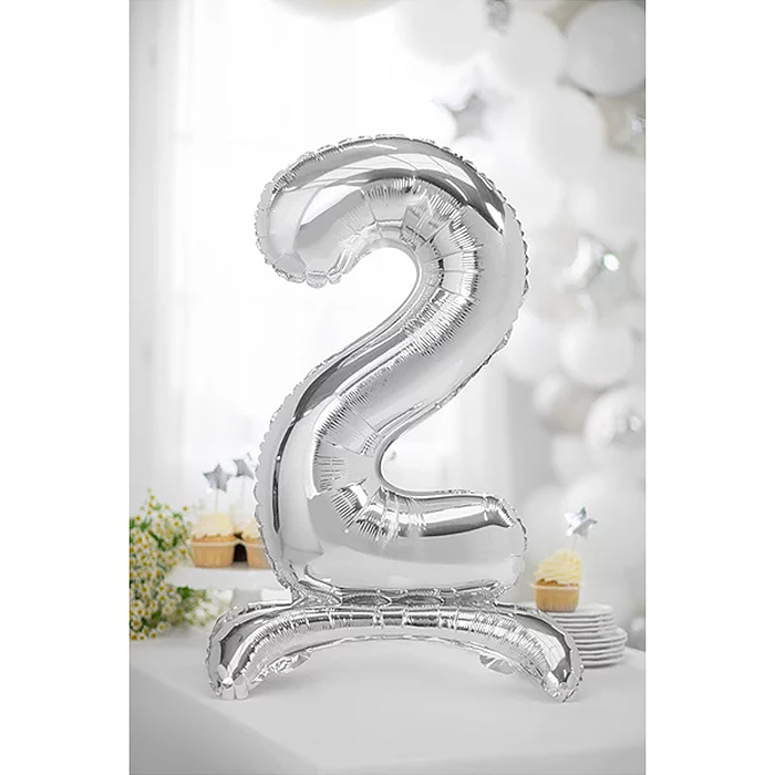 Шар (32''/81 см) Цифра на подставке, 2, Серебро, 1 шт. в уп.