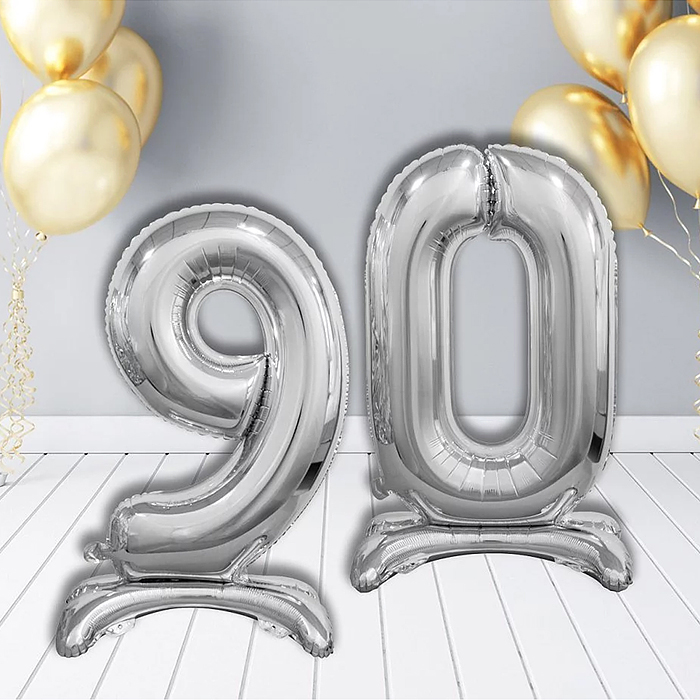 Шар (32''/81 см) Цифра на подставке, 9, Серебро, 1 шт. в уп.