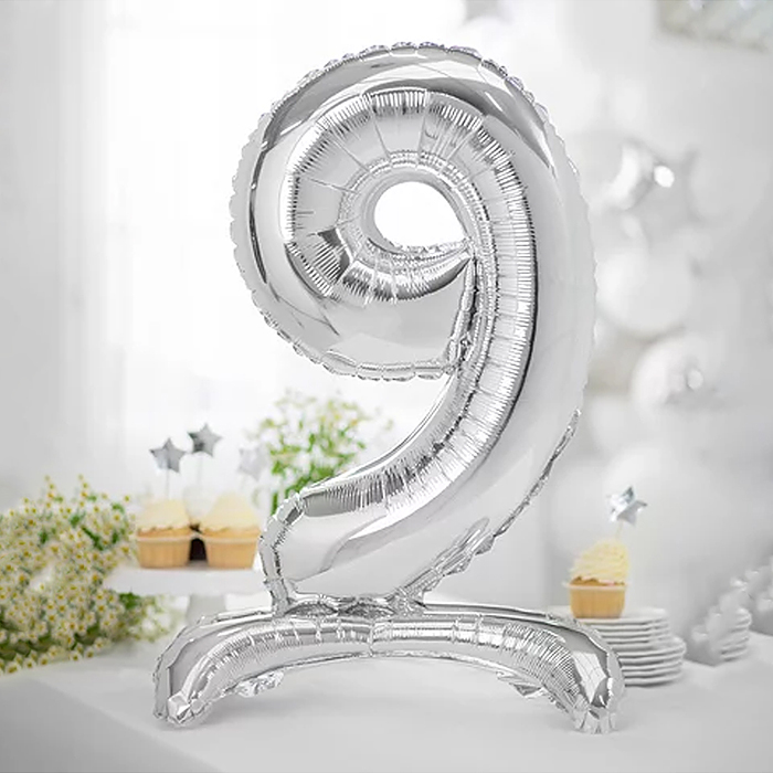Шар (32''/81 см) Цифра на подставке, 9, Серебро, 1 шт. в уп.