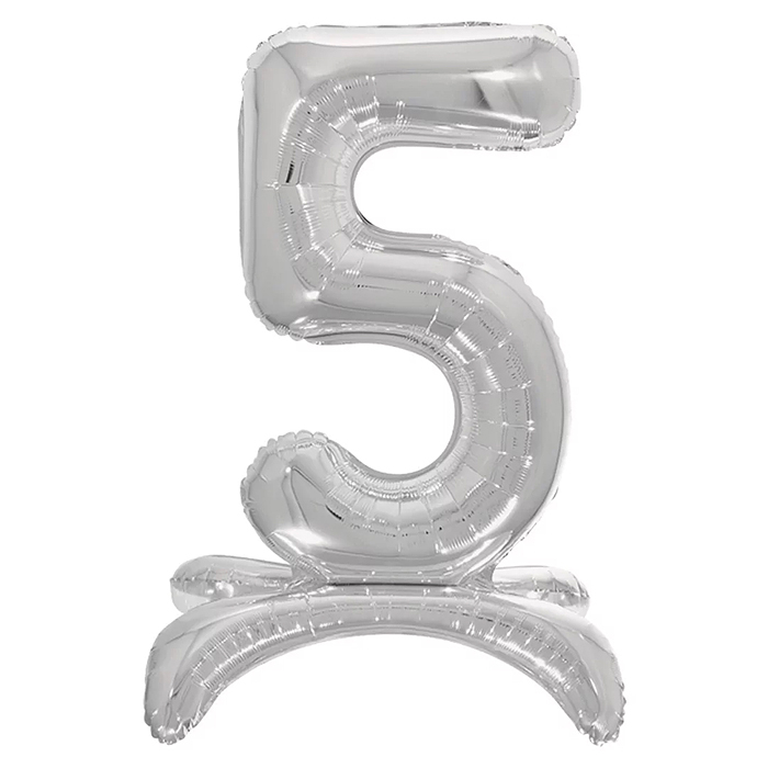 Шар (32''/81 см) Цифра на подставке, 5, Серебро, 1 шт. в уп.