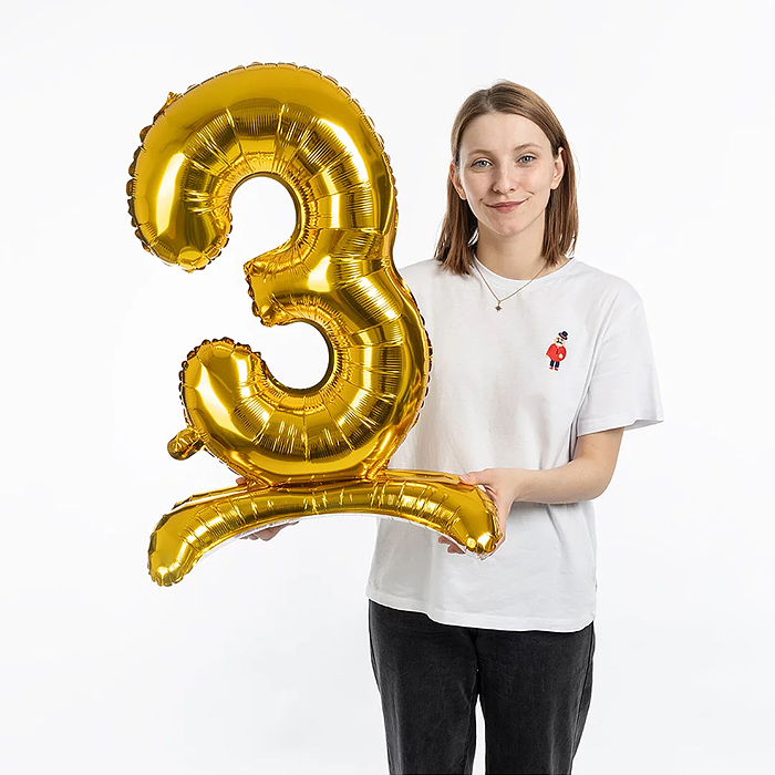 Шар (32''/81 см) Цифра на подставке, 3, Золото, 1 шт. в уп.