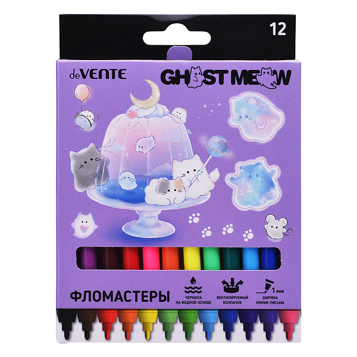 Фломастеры "Ghost Meow" 12 цветов с вентилируемым колпачком, в картонной коробке с подвесом Фломастеры "Ghost Meow" 12 цветов с вентилируемым колпачком, в картонной коробке с подвесом
