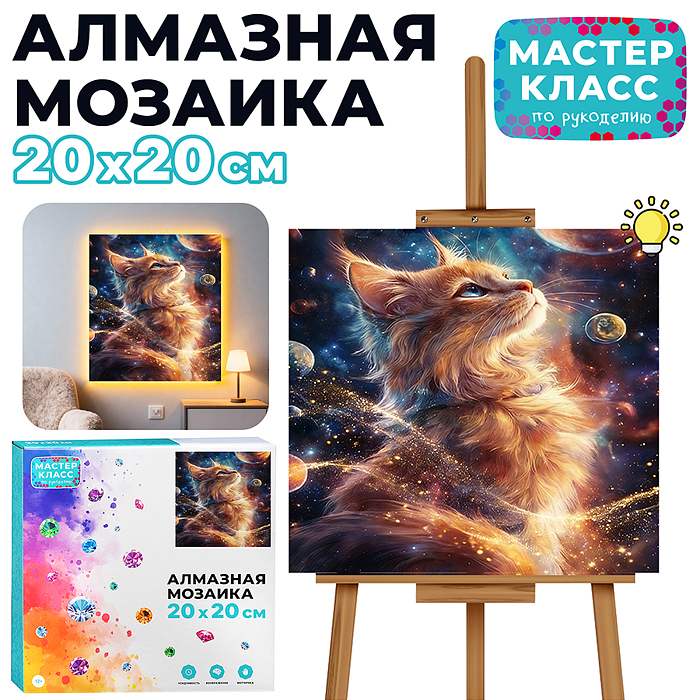 Мозаика алмазная MKA2020-96 "Космический кот" (светится в темноте) 20*20 см.