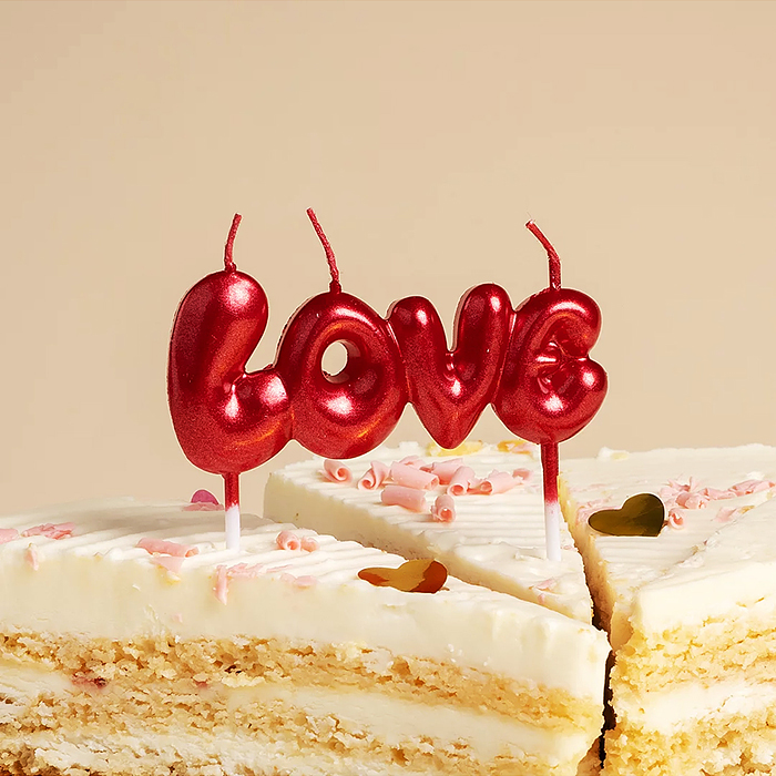 Свеча Надпись Love, красный, металлик, 1 шт. с держат.