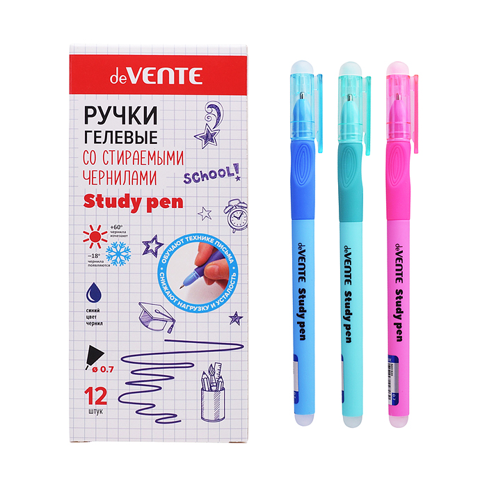 Ручка гелевая стираемая "Study Pen.School" d=0,7 мм, корпус ассорти 3 цвета с покрытием Velvet Touch