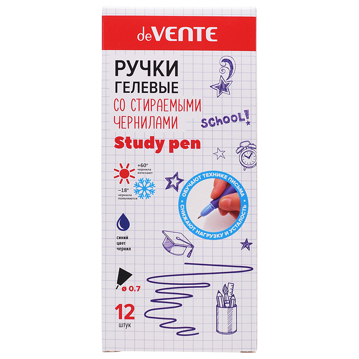 Ручка гелевая стираемая "Study Pen.School" d=0,7 мм, корпус ассорти 3 цвета с покрытием Velvet Touch