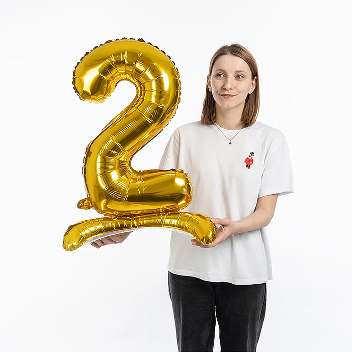 Шар (32''/81 см) Цифра на подставке, 2, Золото, 1 шт. в уп.