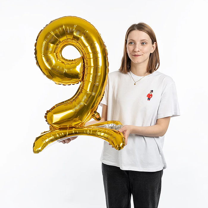 Шар (32''/81 см) Цифра на подставке, 9, Золото, 1 шт. в уп.
