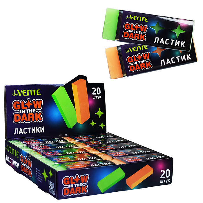 Ластик "Glow in the Dark" синтетический каучук с добавлением люминофора, прямоугольный, 60x