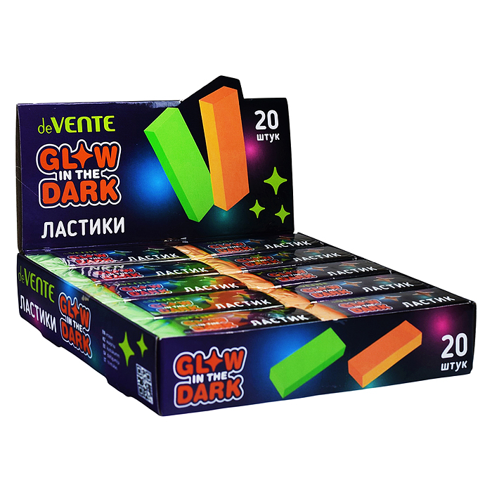 Ластик "Glow in the Dark" синтетический каучук с добавлением люминофора, прямоугольный, 60x