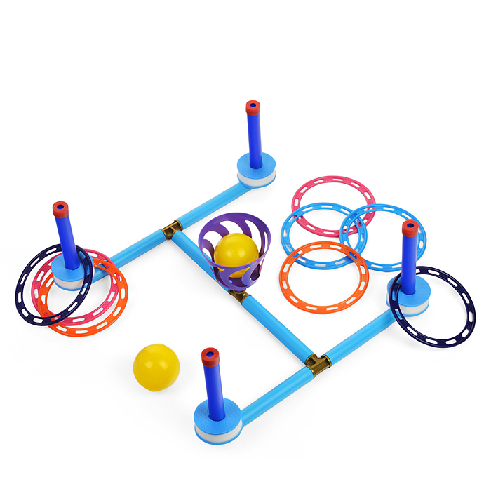 Плавающий кольцеброс - шароброс 3в1 (дом/улица/вода). 4 стойки + 8 колец, 1 корзинка + 2 мяча, кли
