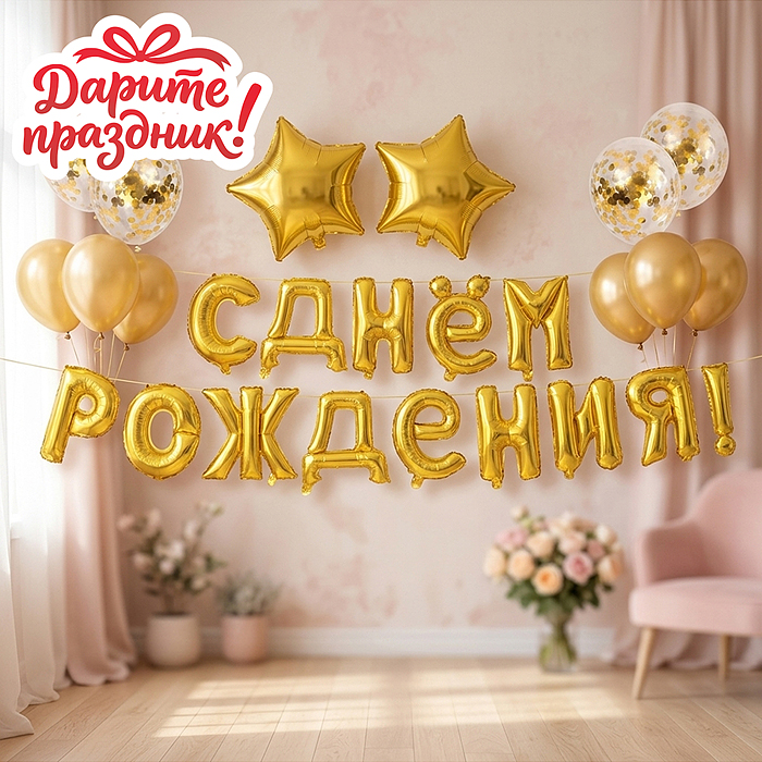 Интерьерное украшение DP-0001 "Гирлянда из шаров. С Днем Рождения", цвет золотистый 