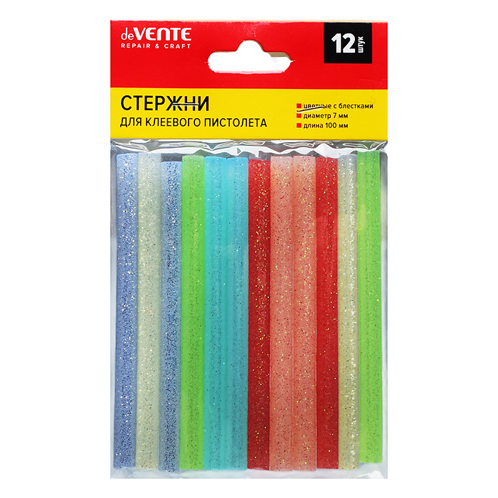Клеевые стержни "REPAIR & CRAFT" Ø 7 мм, цветные (ассорти) с блестками, длина 100 мм, 12 шт