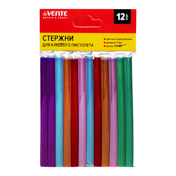 Клеевые стержни "REPAIR & CRAFT" Ø 7 мм, цветные (ассорти) кристальные, длина 100 мм, 12 шт