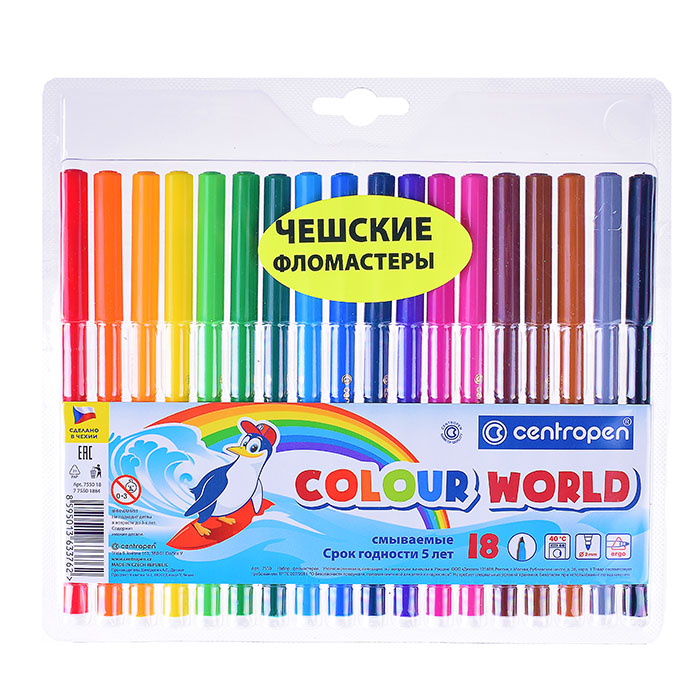 Фломастеры "Colour World", 18цв., трехгранные, смываемые, блистер